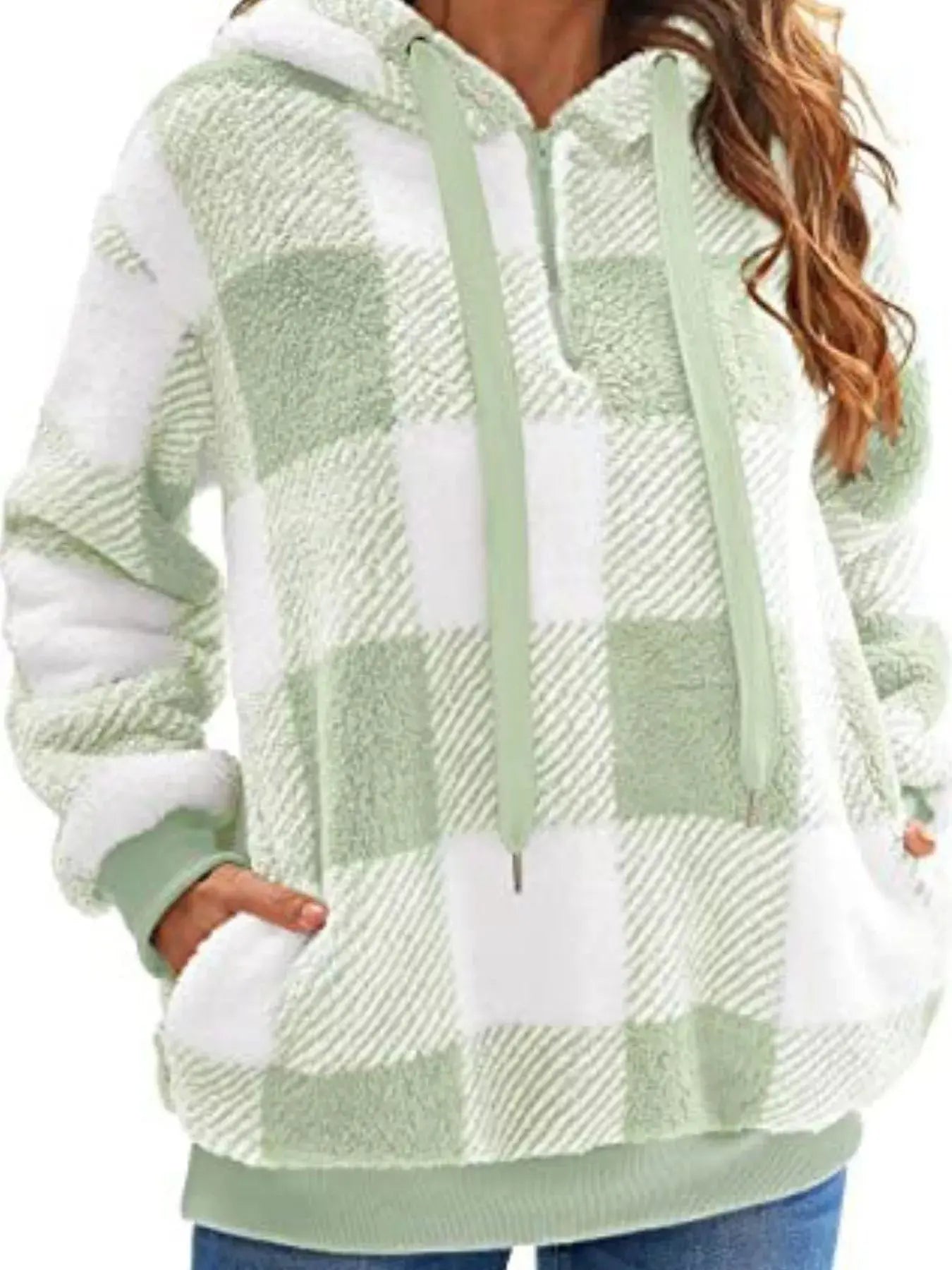 Plus Size Plaid Drawstring Sherpa Hoodie