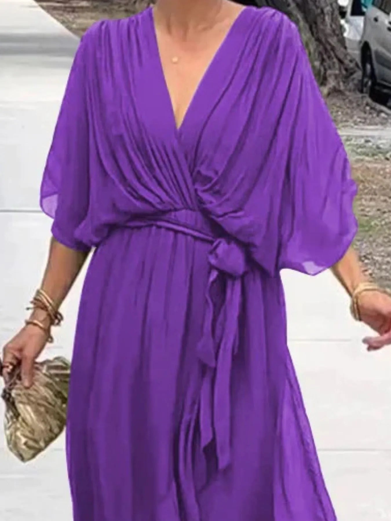 Flowy Tie Front Midi Dress with Flutter Sleeves