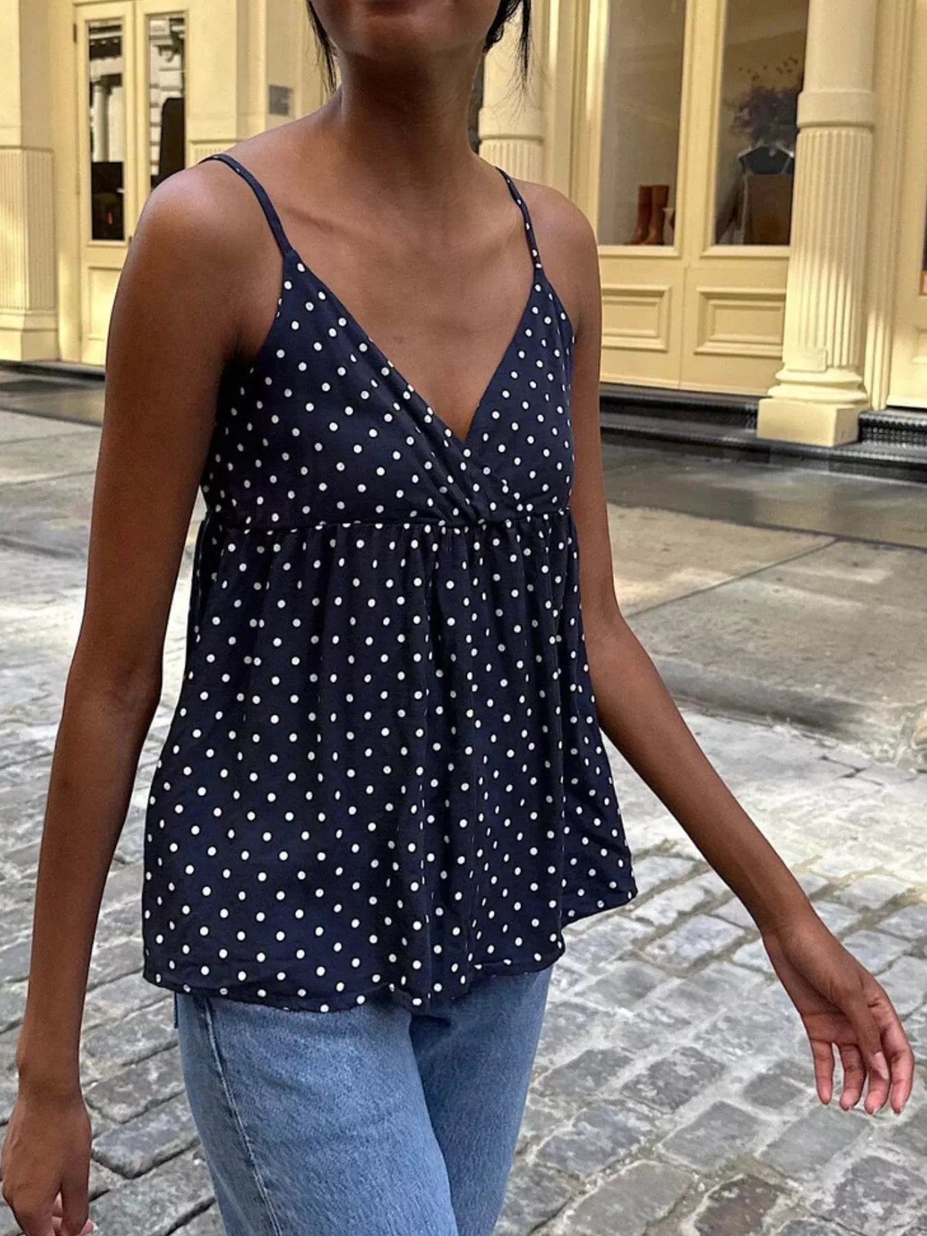 Polka Dot Flowy V Neck Cami Top