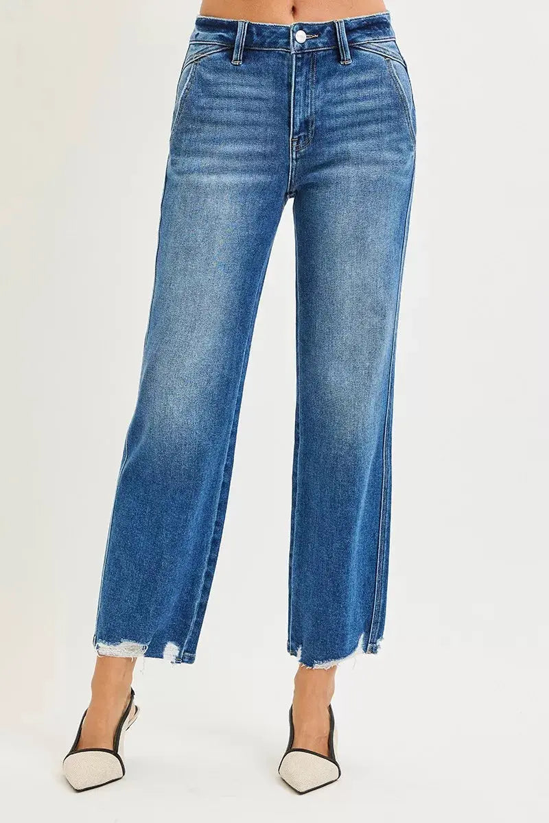 RISEN Jeans - High Rise Ankle Straight Distressed Hem Detail Jeans