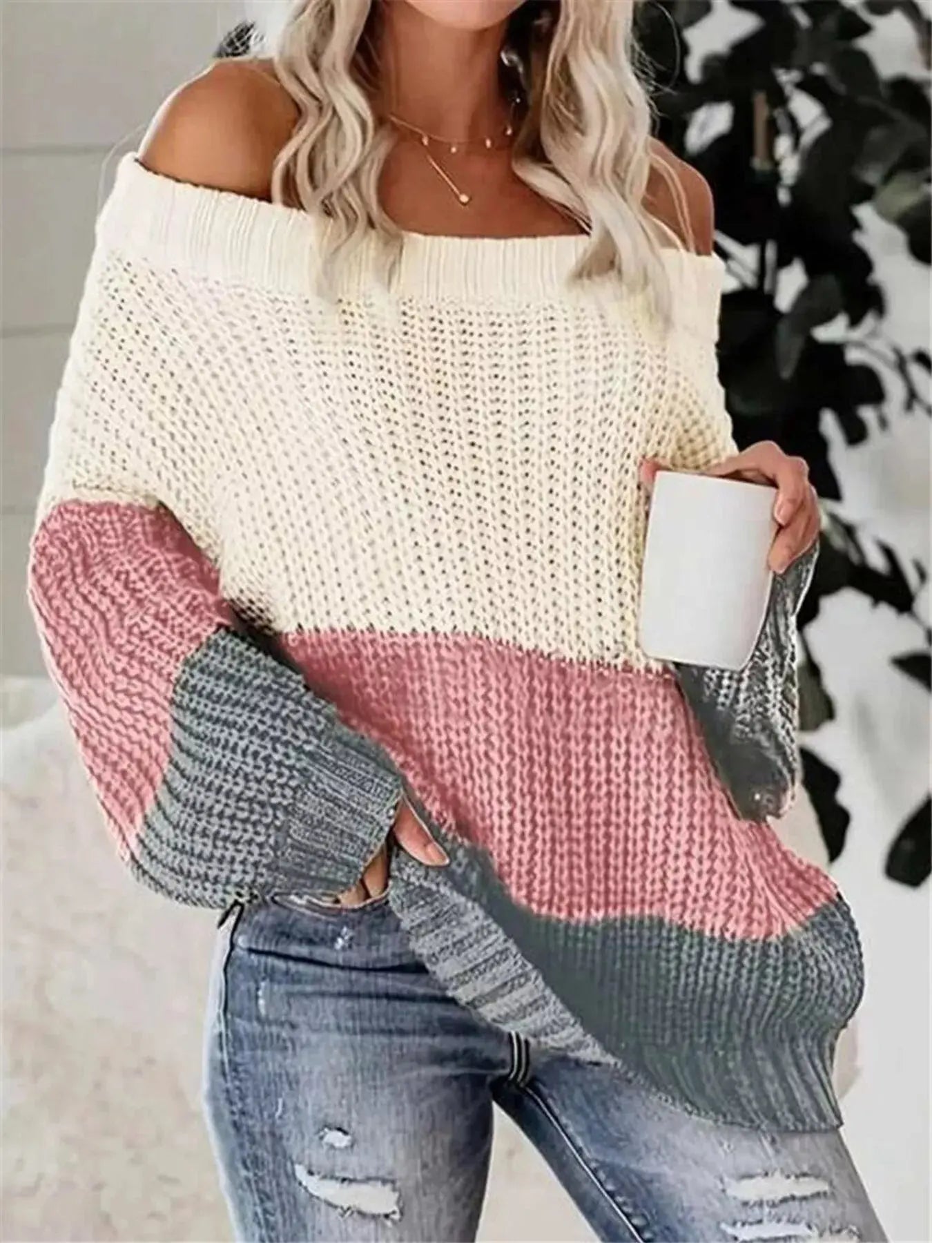 Color Block Off Shoulder Sweater