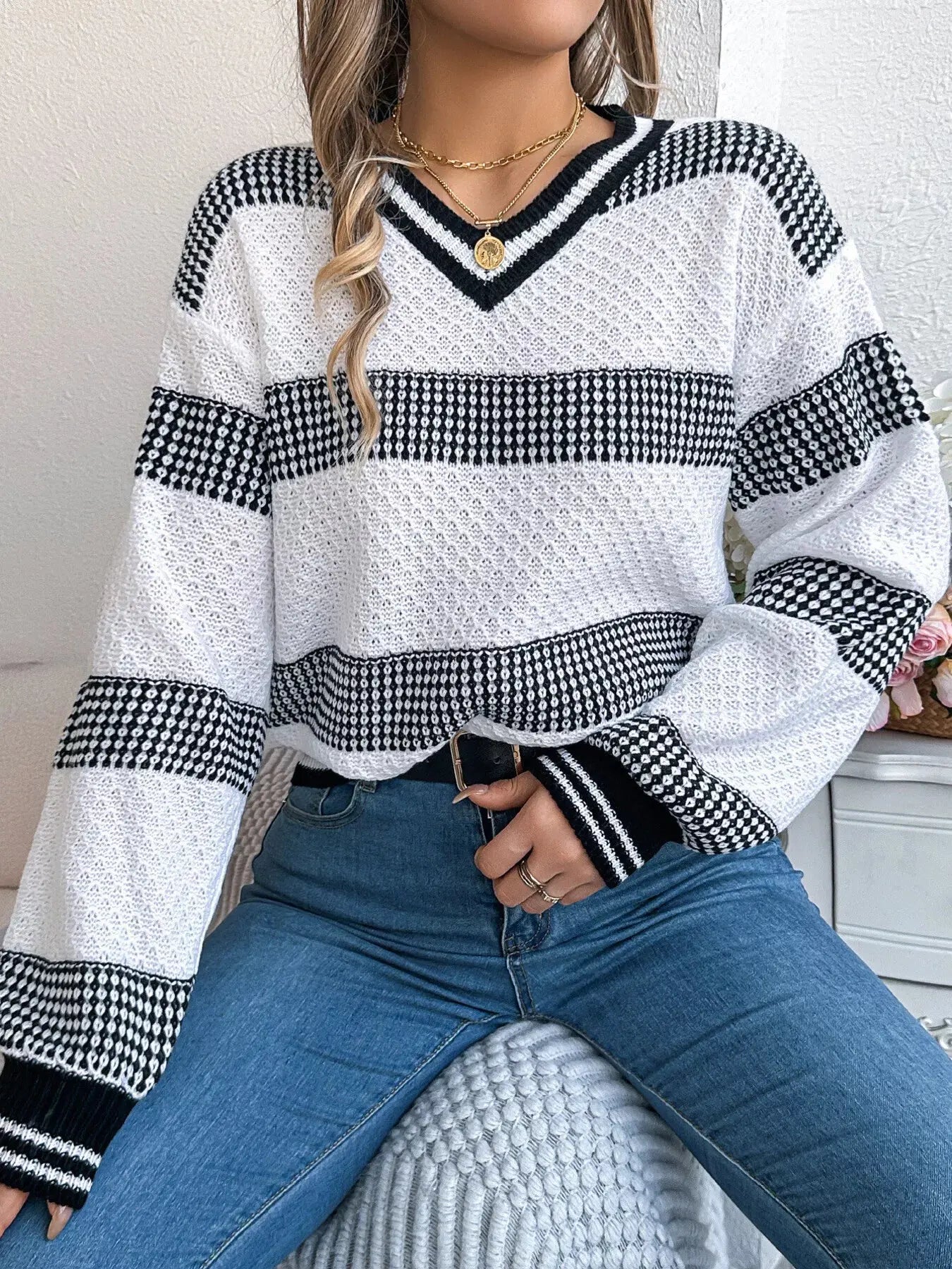 Contrast Striped V Neck Sweater