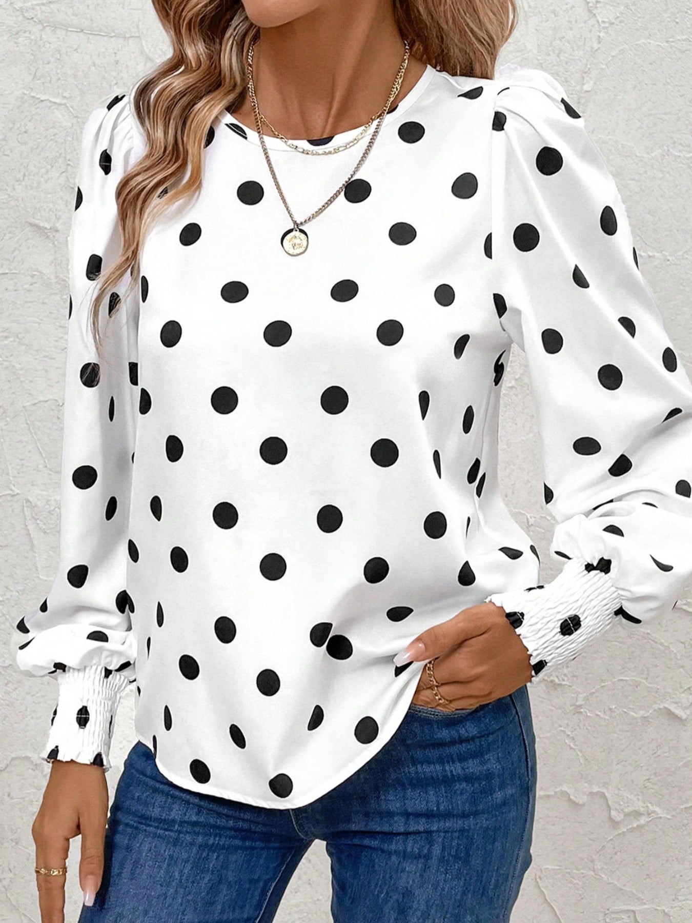 Women's White Polka Dot Long Sleeve Blouse