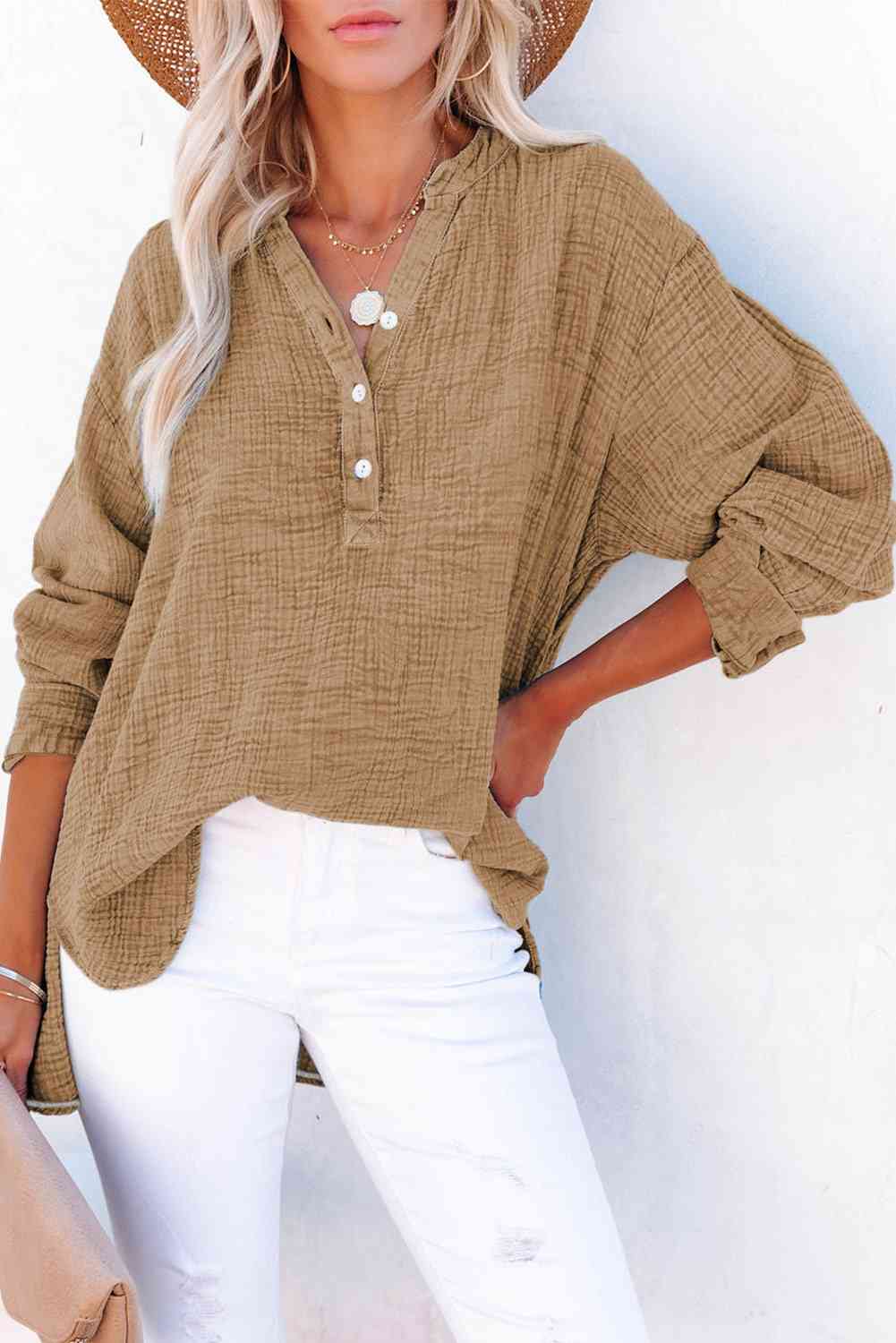 Women's Textured Cotton Buttoned Long Sleeve Blouse