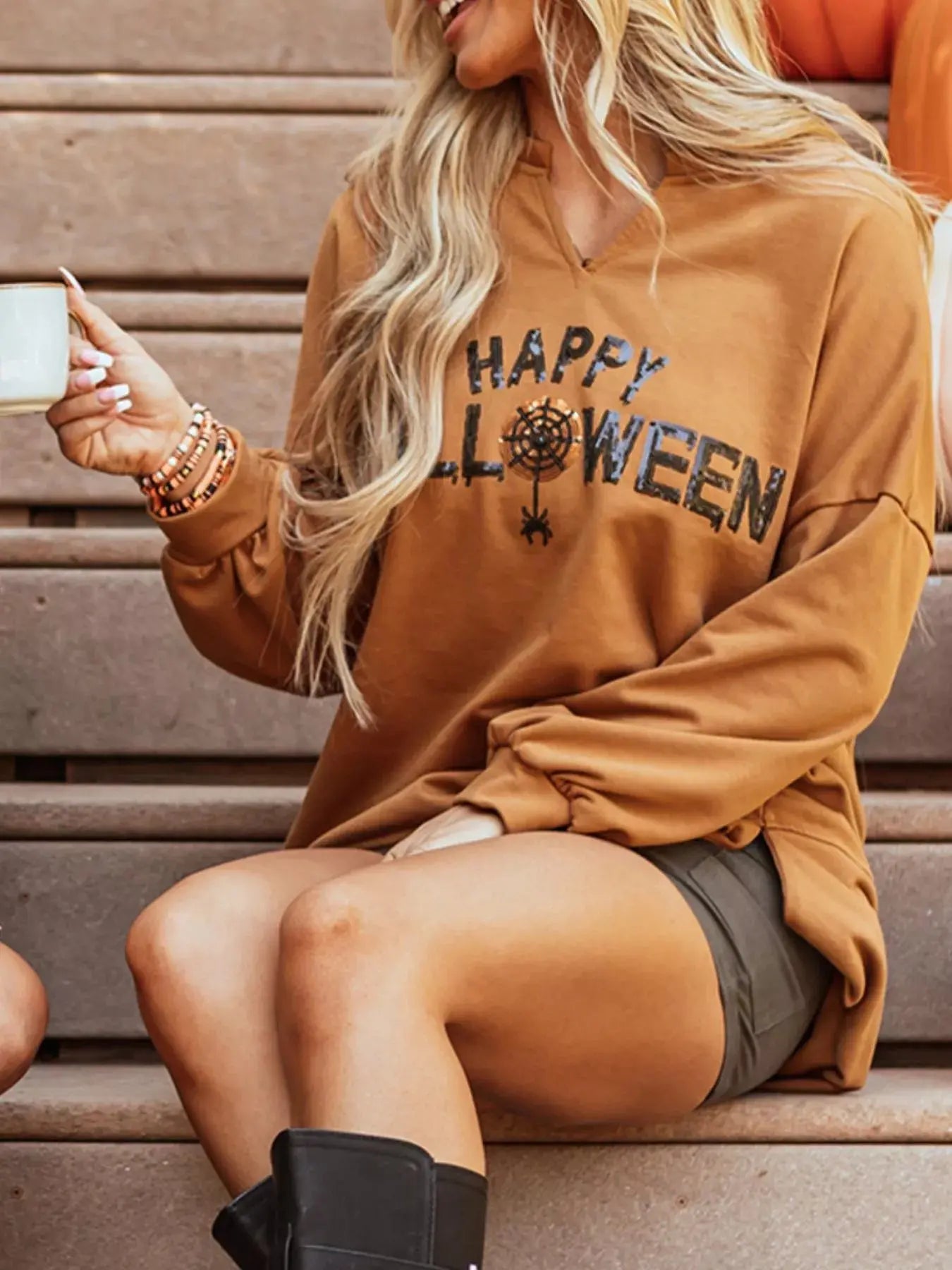 Notched Long Sleeve Oversized Happy Halloween Graphic Sweatshirt