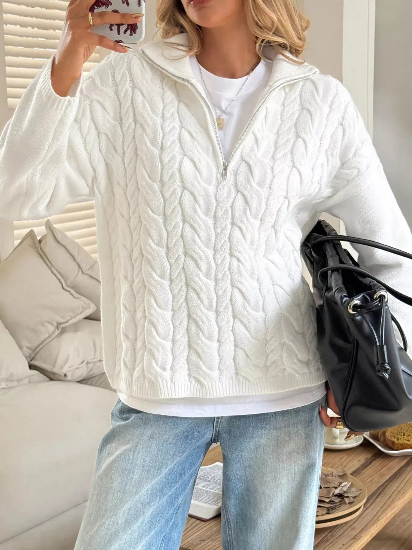 Zip Collar Cable Knit Sweater