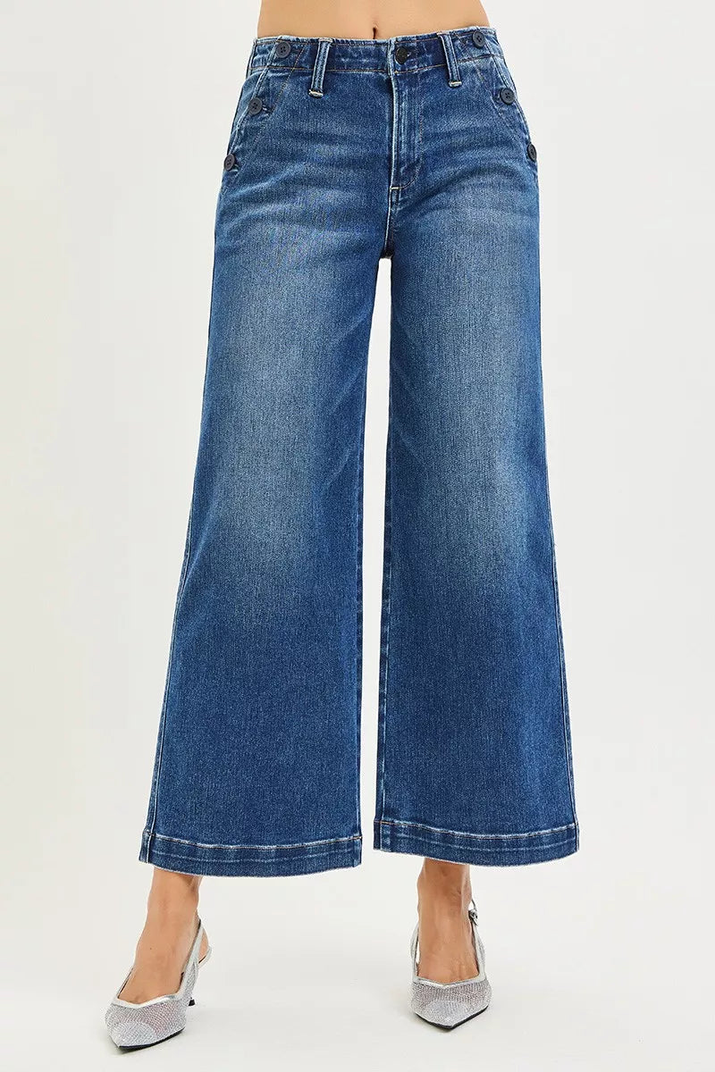 RISEN Jeans - High Rise Wide Leg Jeans With Pocket Button Detail