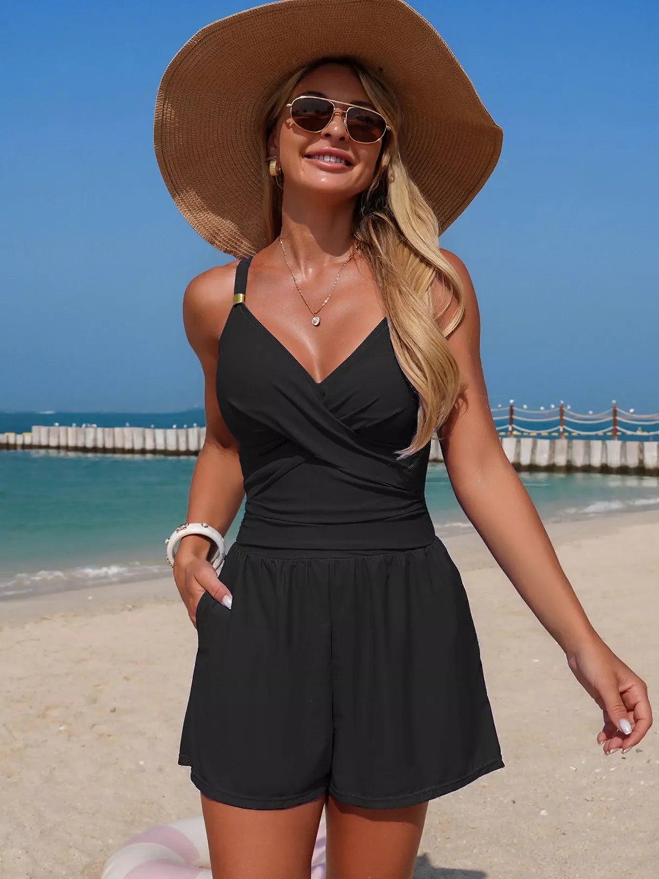 V Neck Spaghetti Strap One Piece Swimsuit