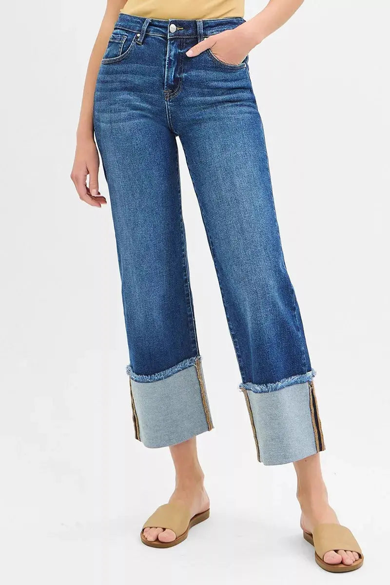 RISEN Jeans - Full Size Mid Rise Crop Wide Wide Cuffed Jeans