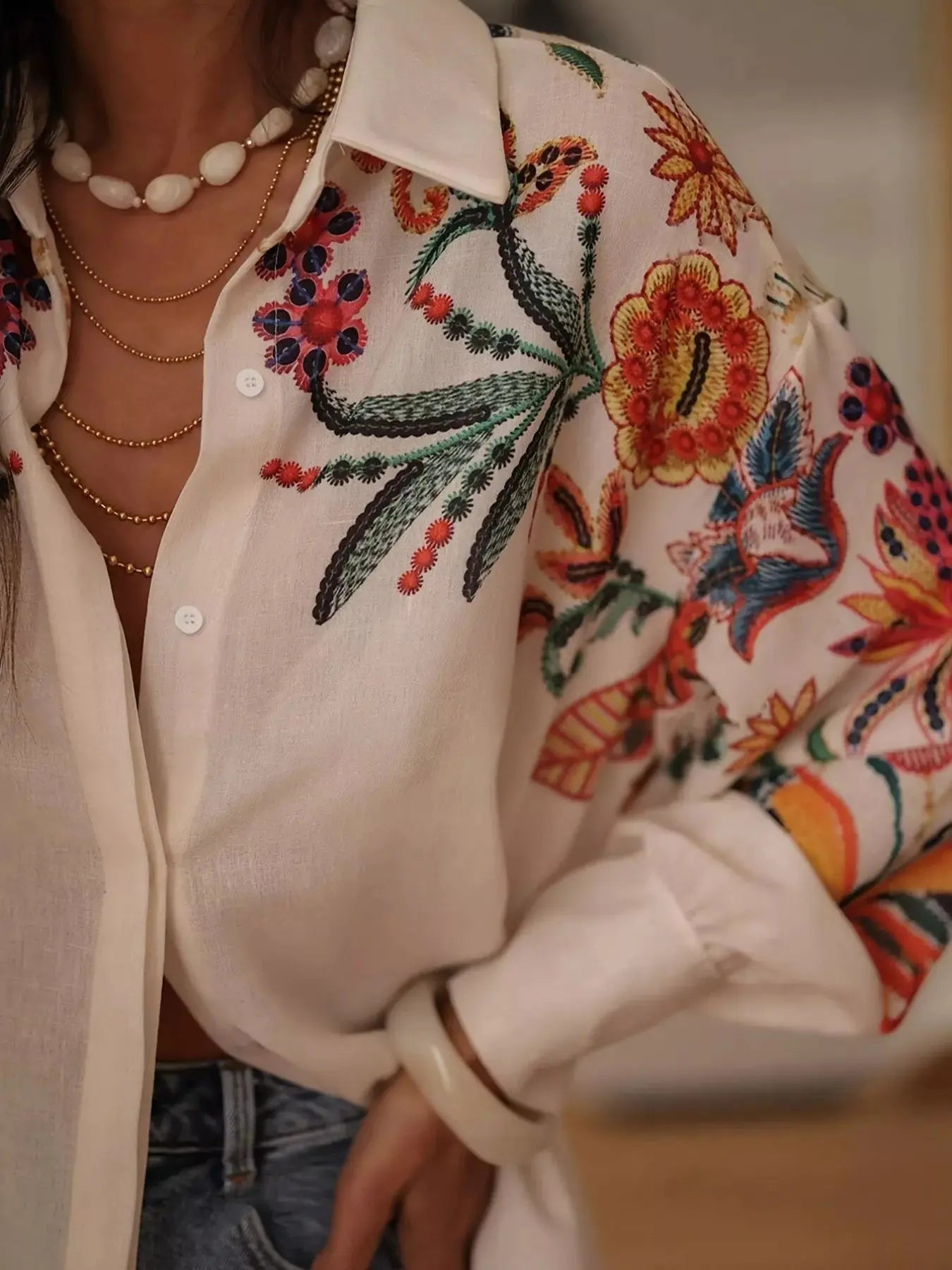 Embroidered Floral Button Up Long Sleeve Shirt