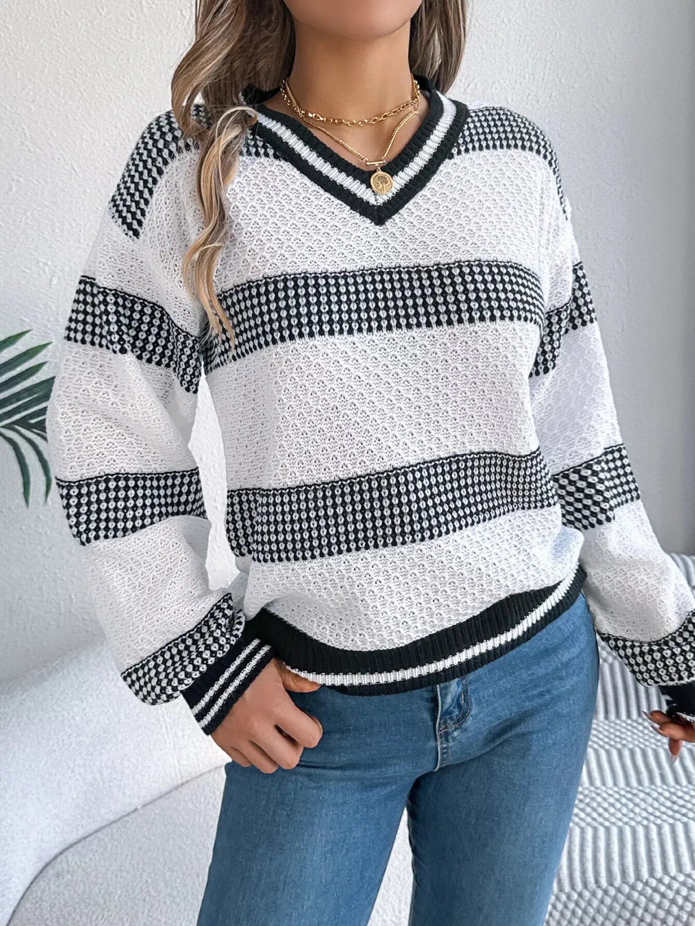 Contrast Striped V Neck Sweater