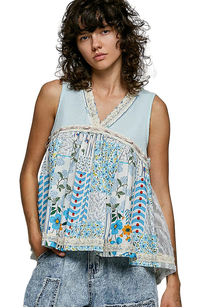 POL Light Blue Floral V-Neck Sheer Tank with Lace Trim