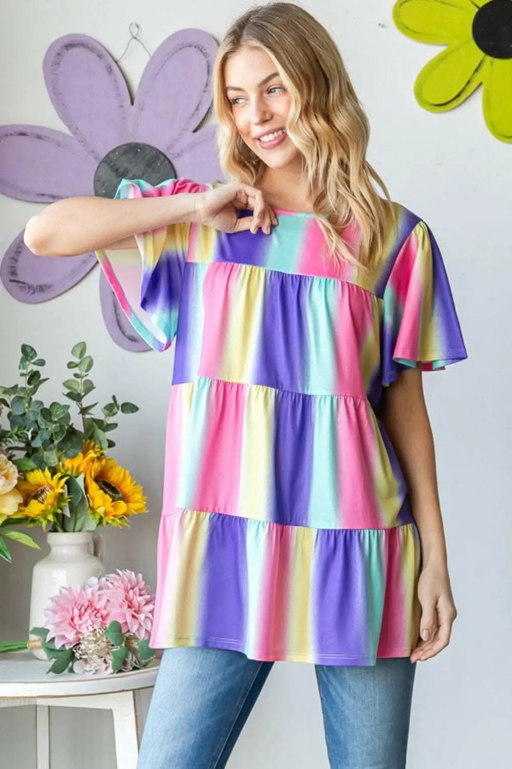 T-Shirts Trendsi just arrived - Heimish Full Size Short Sleeve Striped Tiered T