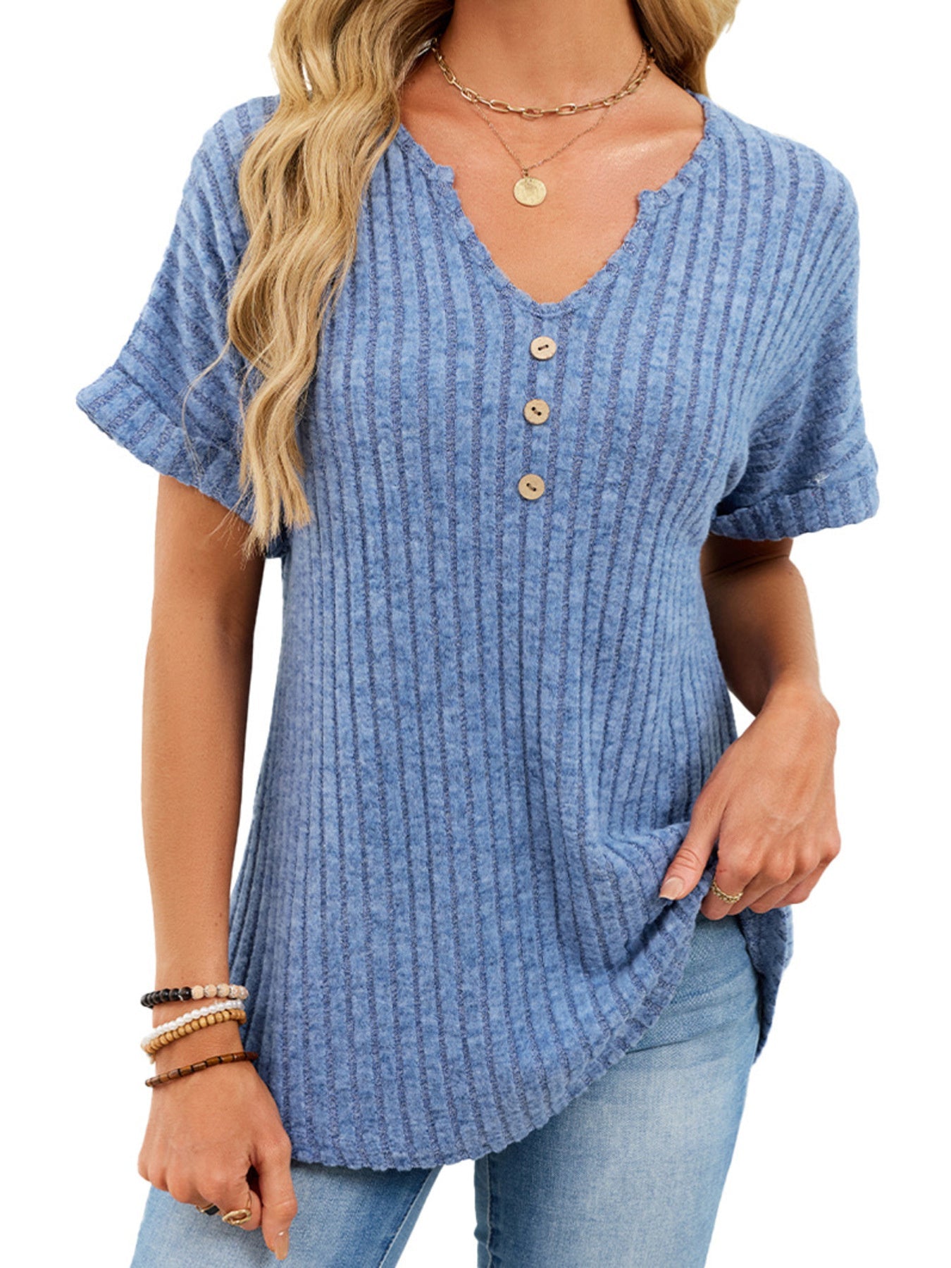 Women's Ribbed Knit Button V Neck Short Sleeve T Shirt