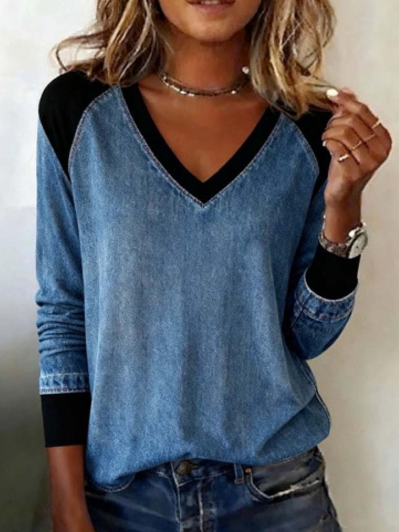 Full Size Patchwork V Neck Long Sleeve Blouse