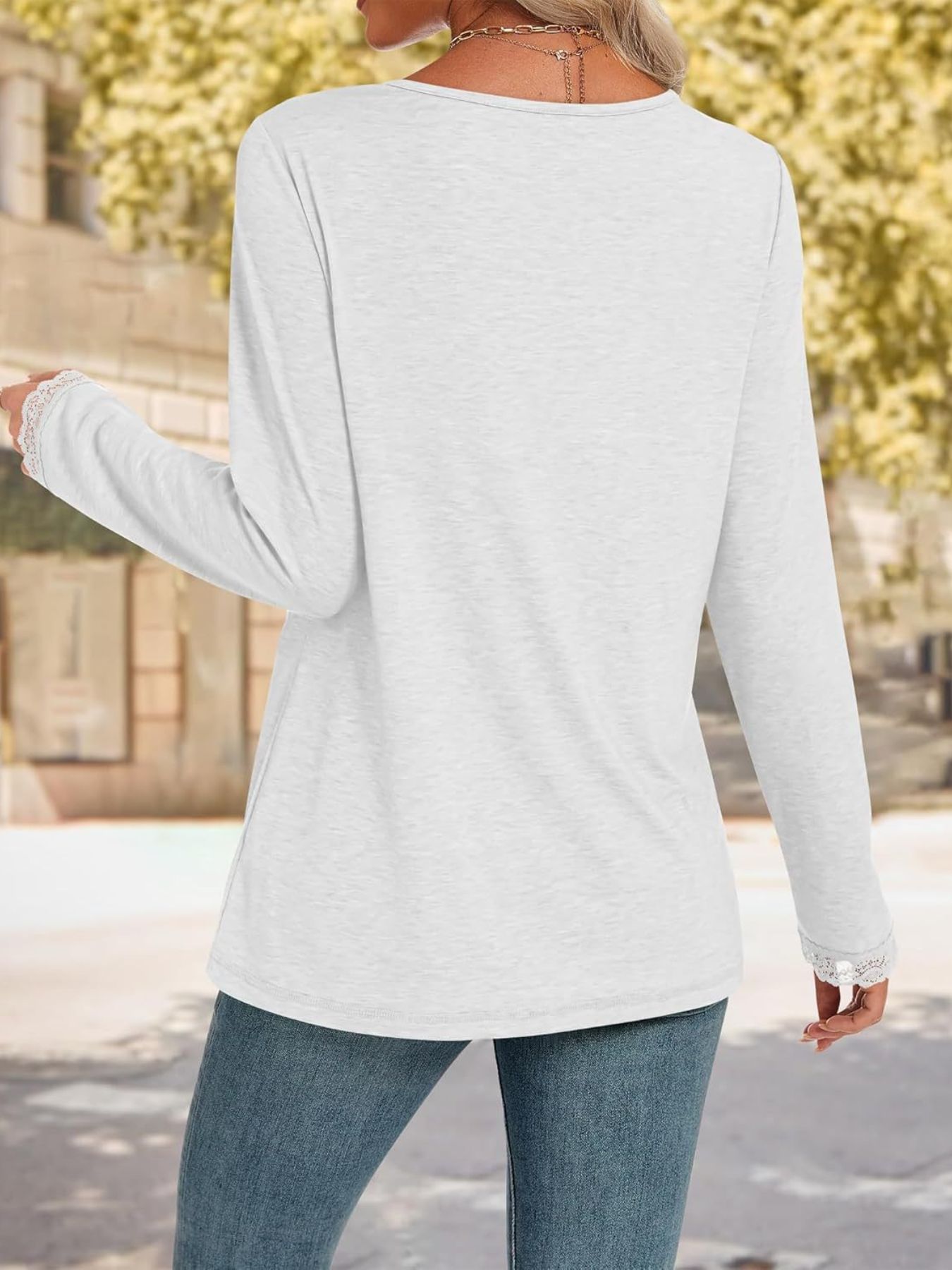Women's Lace Trim V Neck Long Sleeve Top