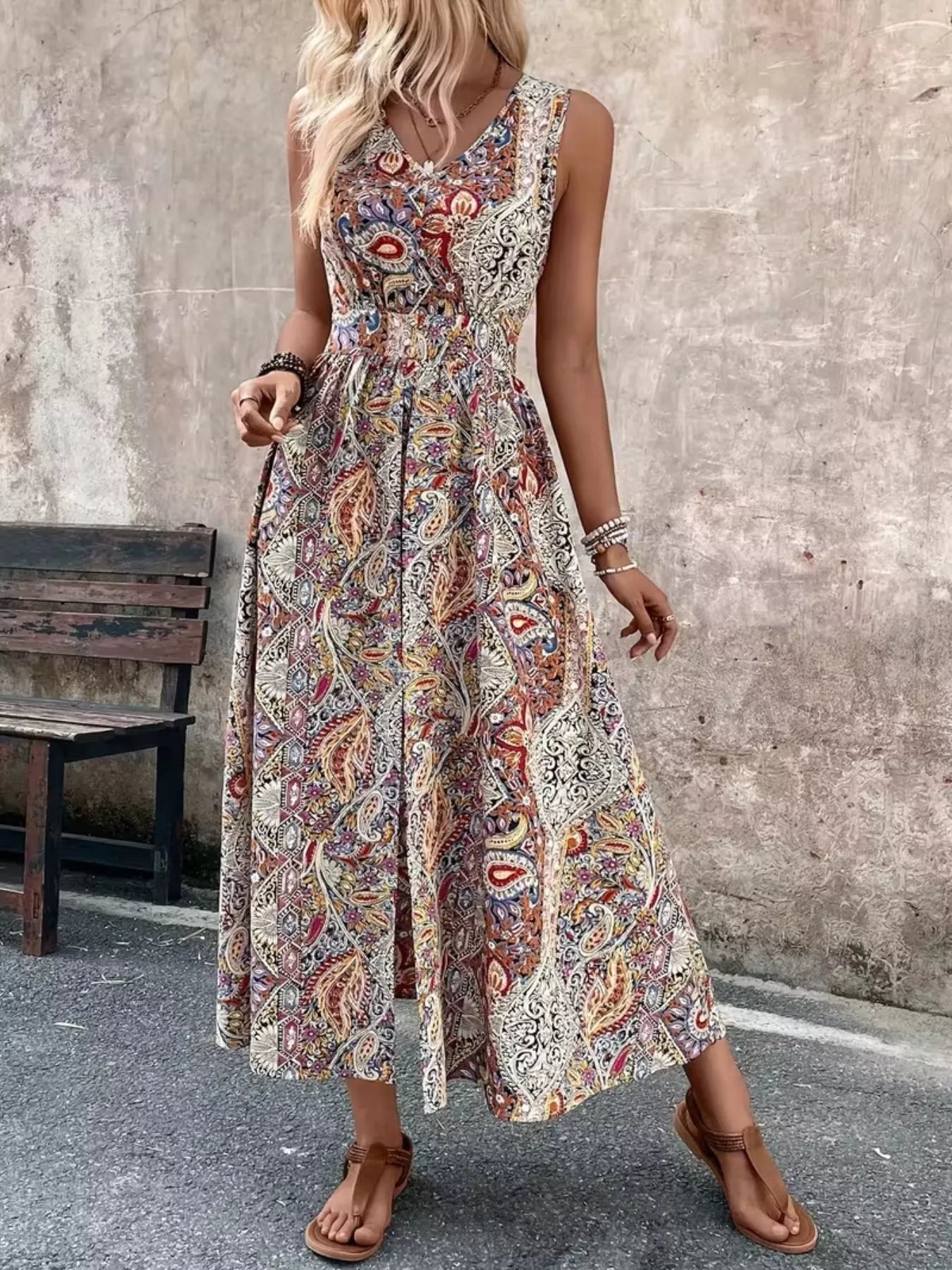 Paisley Print Sleeveless Romper with Long Top
