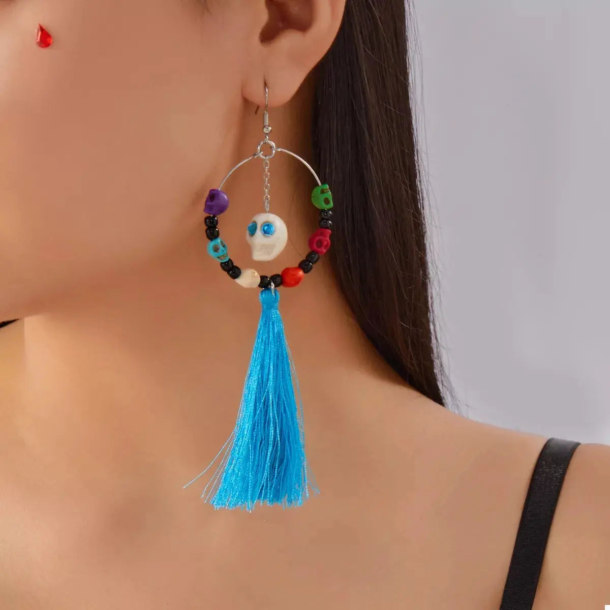Sugar Skull Tassel Halloween Drop Earrings