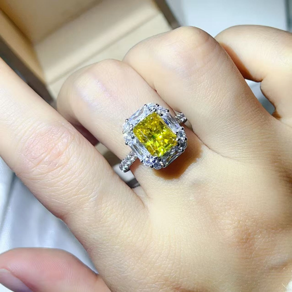 Yellow Halo 3 Carat Moissanite Ring in 925 Sterling Silver