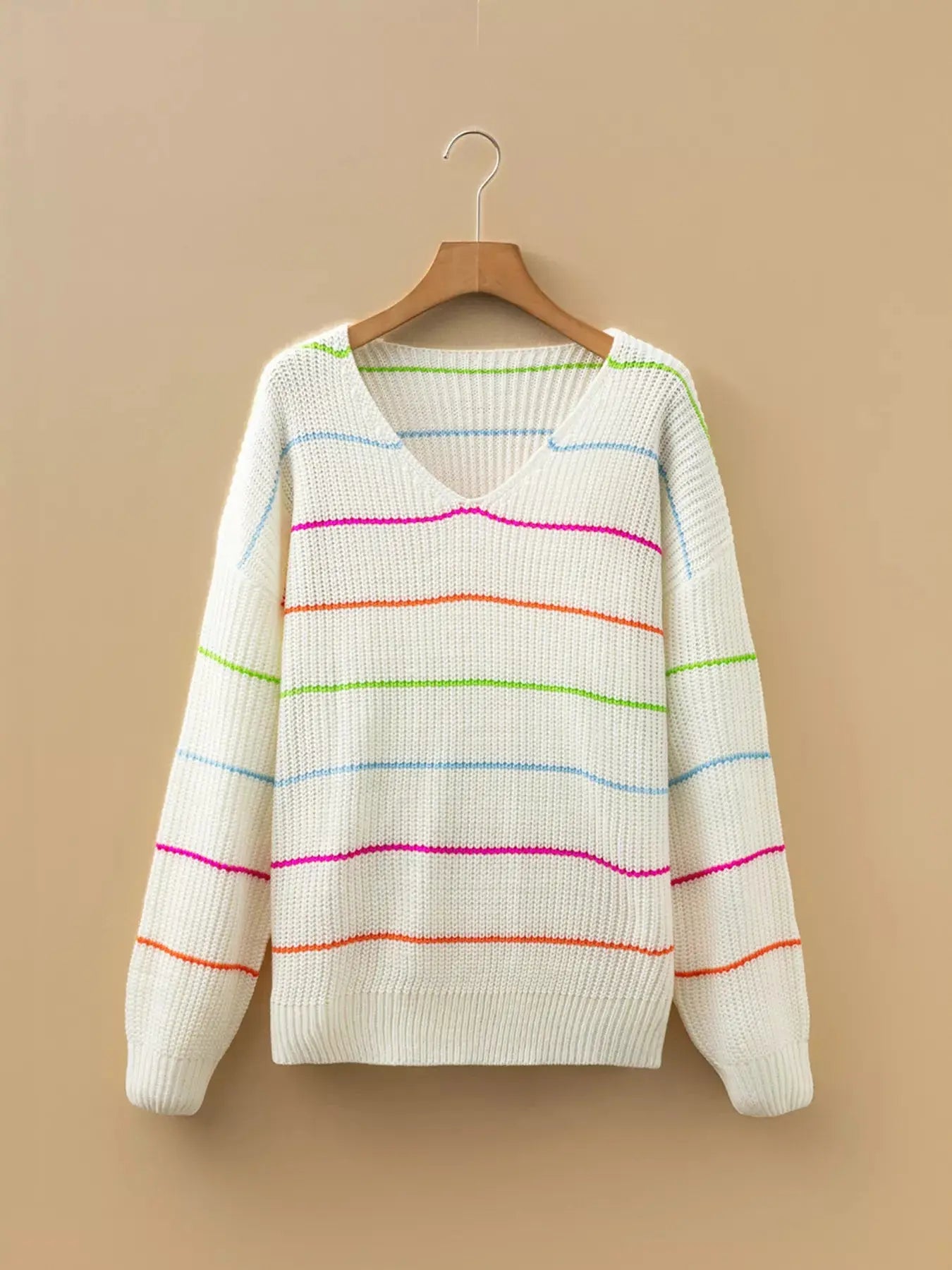 Colorful Striped Detail V-Neck Baggy Drop Shoulder Sweater