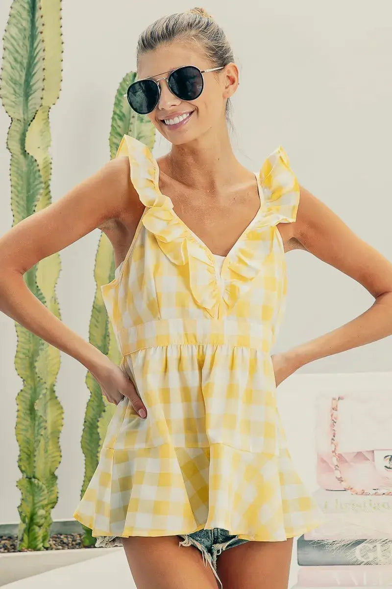 Women's Sleeveless Peplum Top Plaid Peplum Top - Ruffled Sleeveless Tank - Cute Women's Style