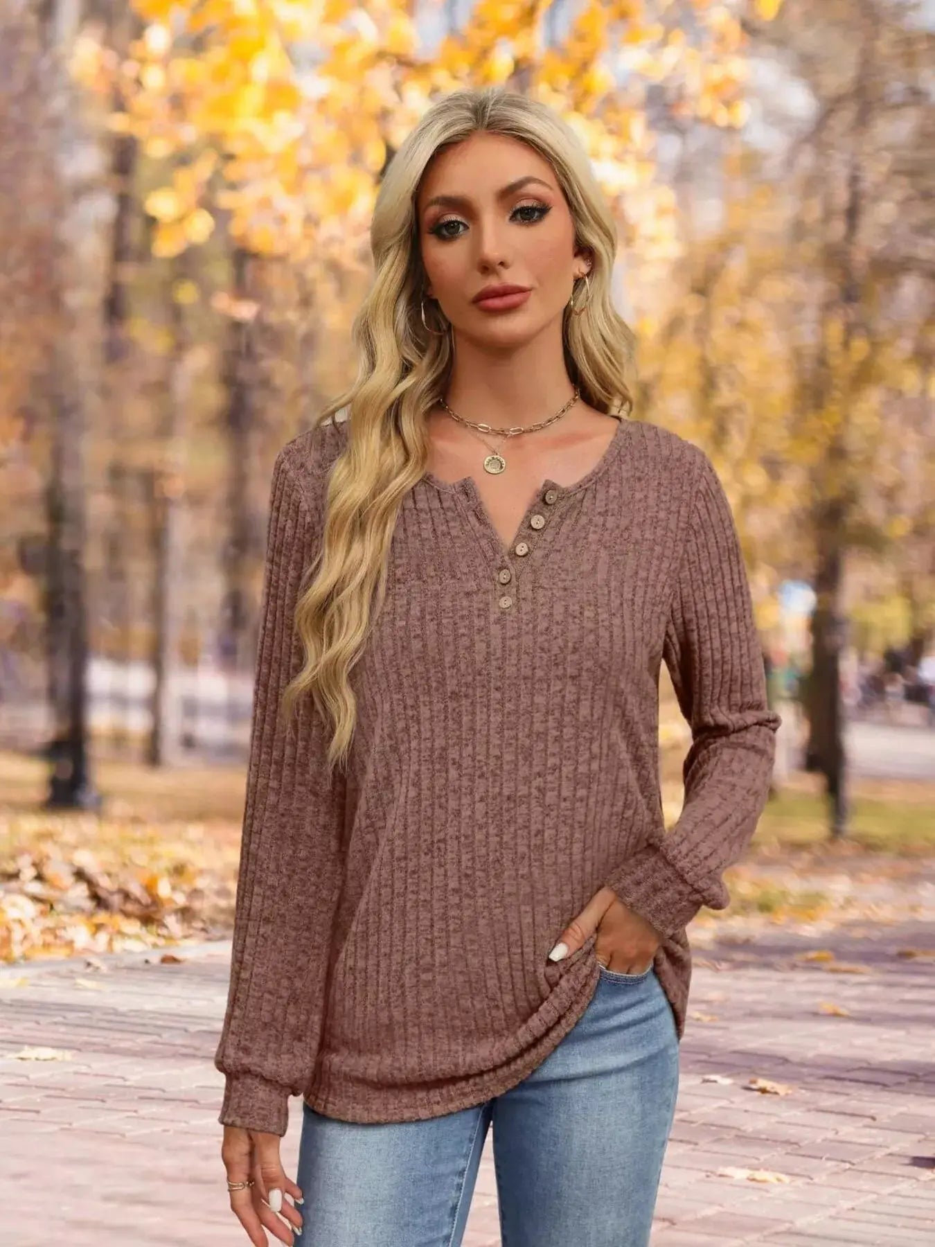 Ribbed Knit Button Front Long Sleeve T Shirt