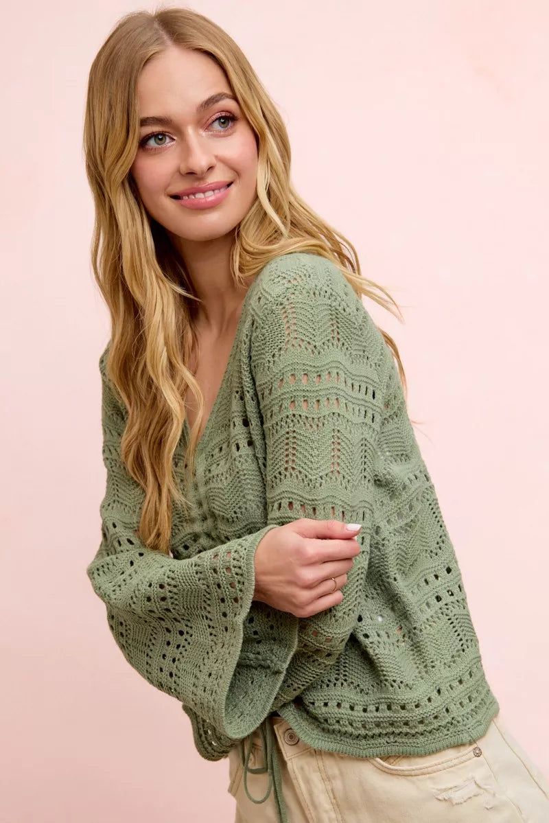 Green Pointelle Knit V Neck Ruched Front Lightweight Top