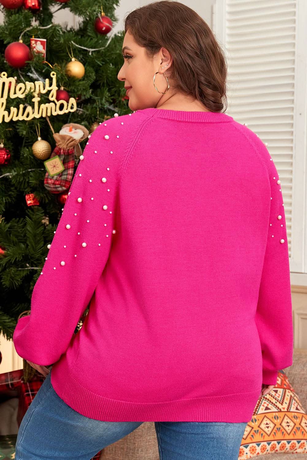 Sweaters Love Salve Strawberry Pink Plus Size Women's Sweater: Casual, Pearled Decor