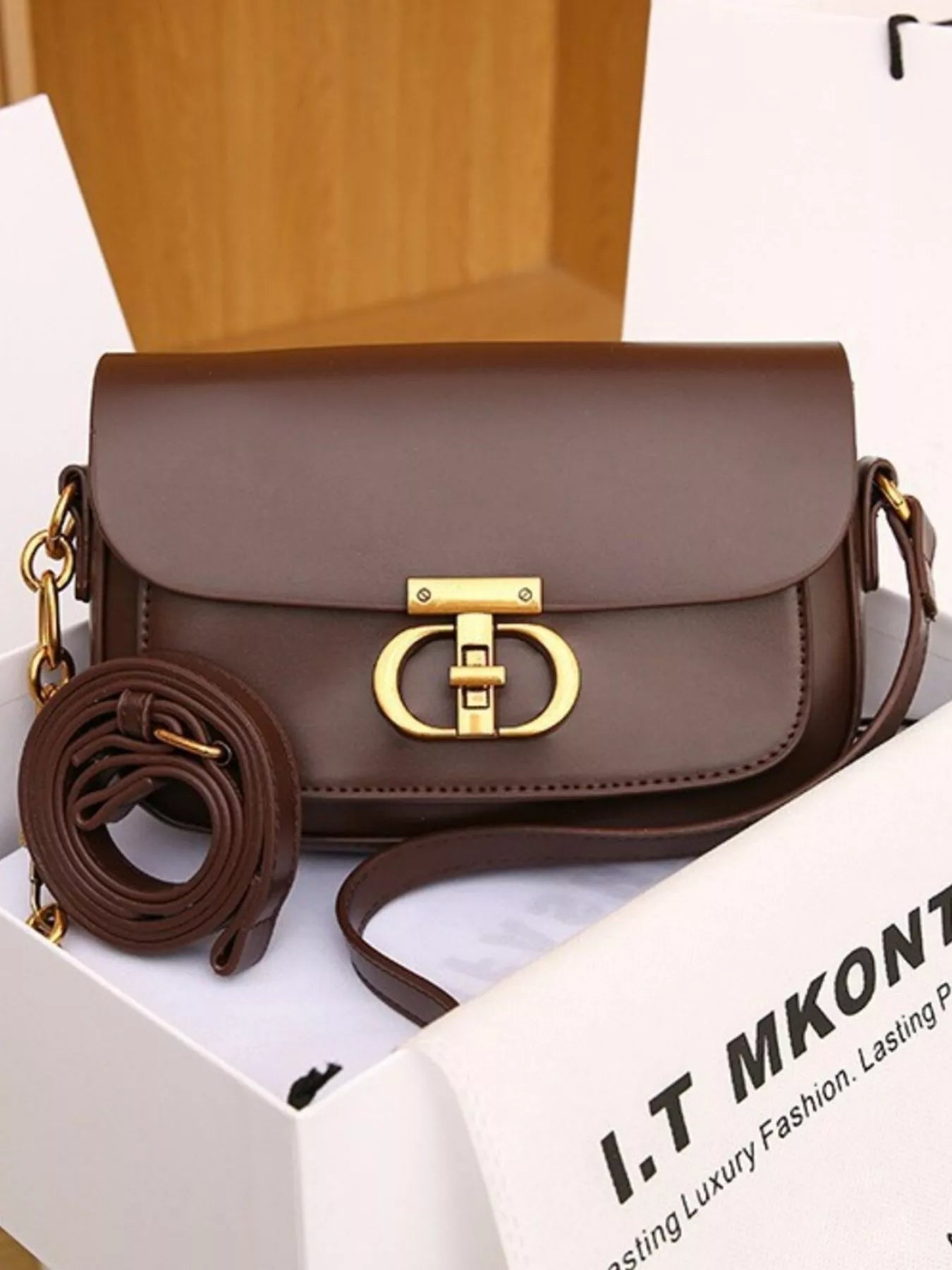 Classic Gold Lock Leather Flap Shoulder Bag