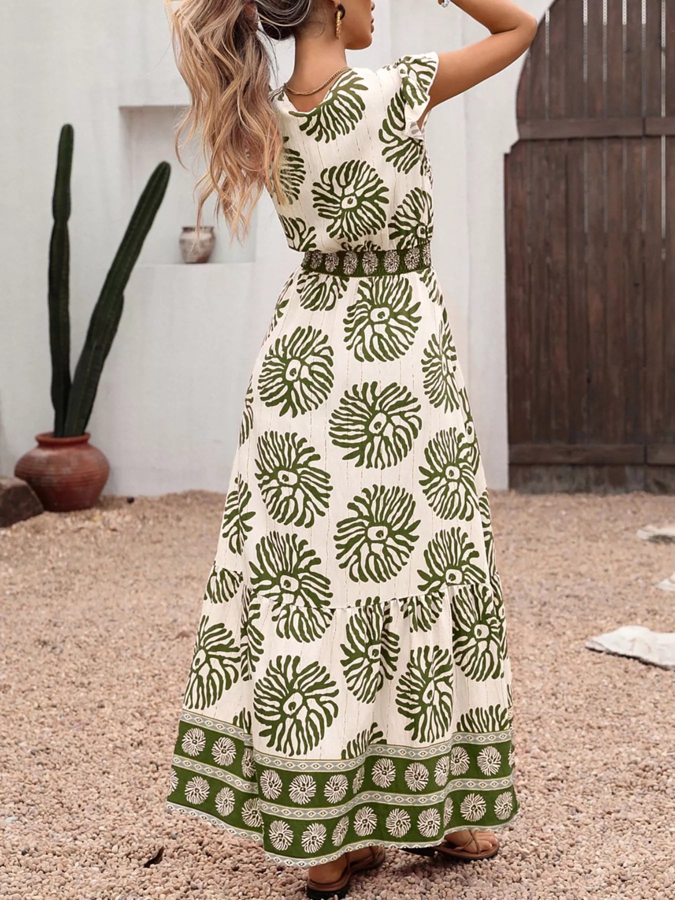 Printed V Neck Cap Sleeve Maxi Dress