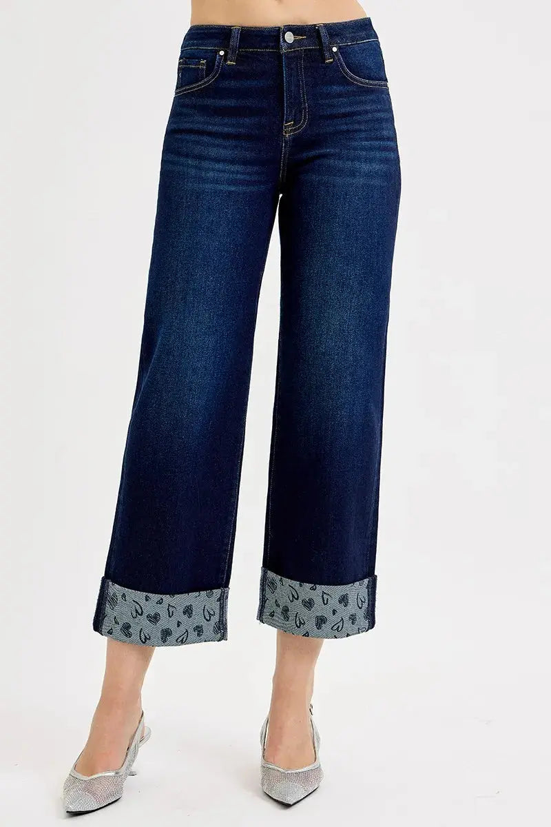 RISEN Jeans - Full Size Mid Rise Fit Crop Wide Leg with Printed Cuff