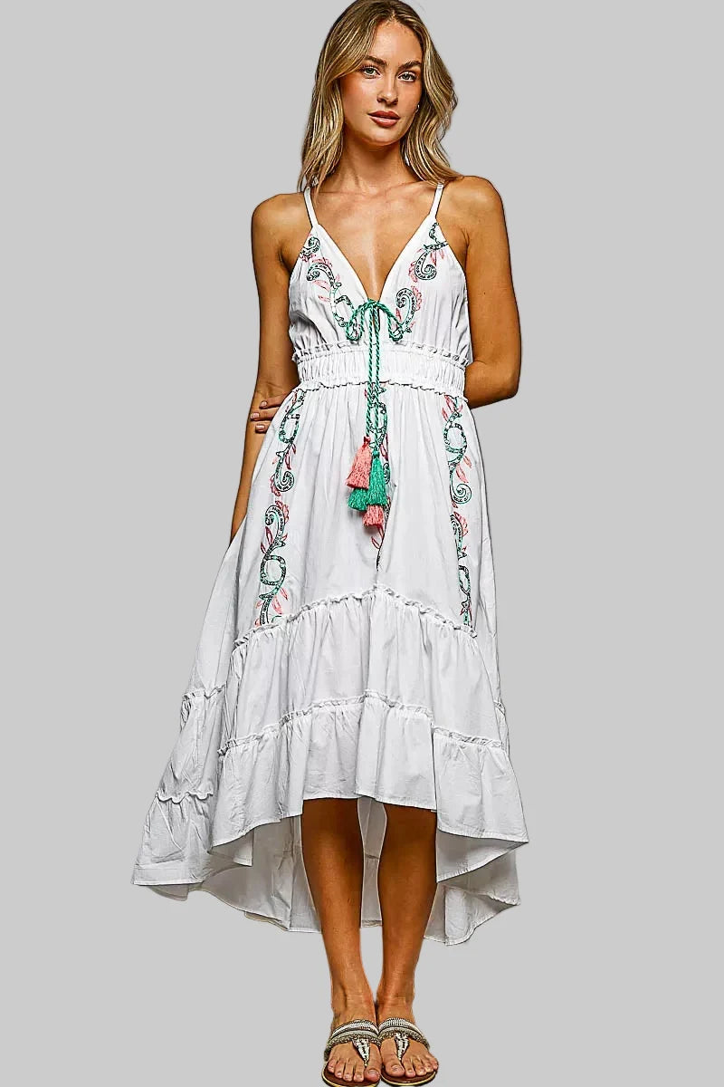 Embroidered Detail Tassel Tie Smocked Waist Midi Tiered Cami Dress