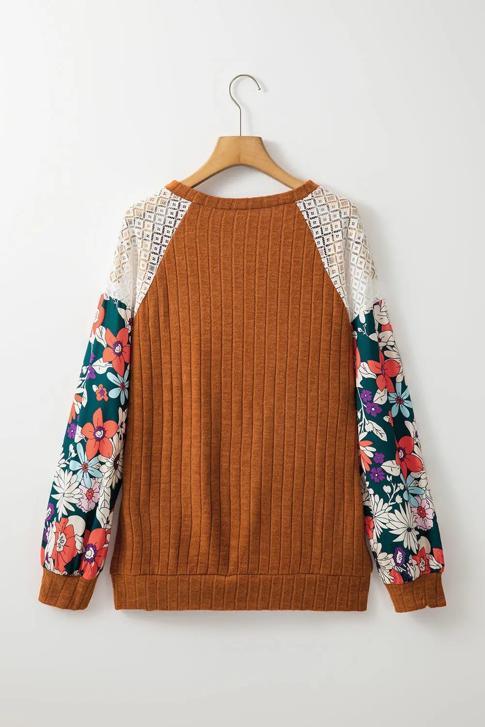 Women's Blouse Blouse - Patchwork Ribbed Long Sleeve Floral Top