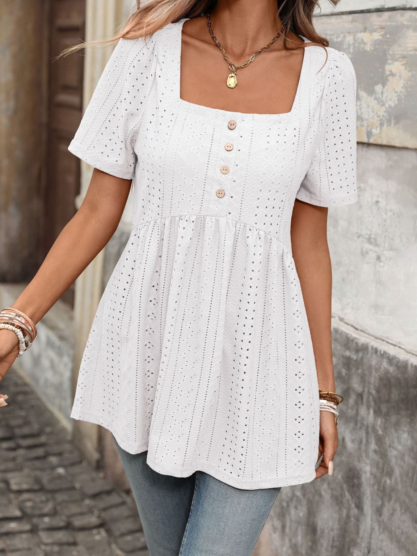 Women's Eyelet Square Neck Babydoll Short Sleeve Top