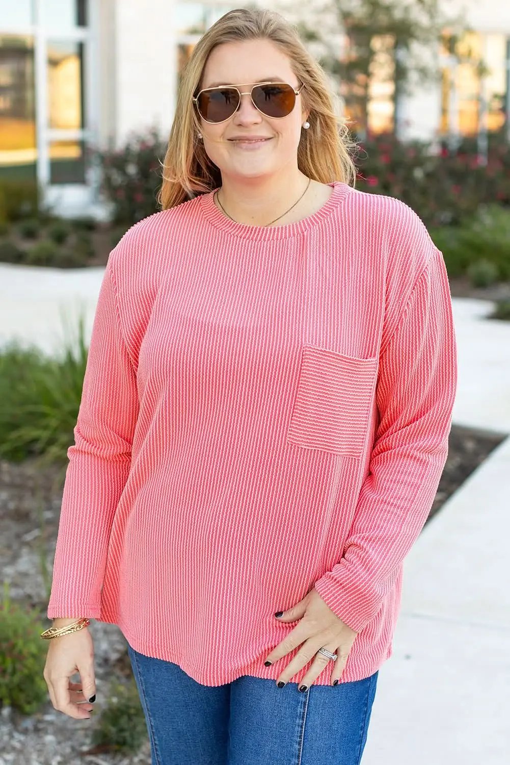 T-Shirts Love Salve Peach Blossom Ribbed Tee Plus Size Women's Versatile Top - Chic & Fashionable