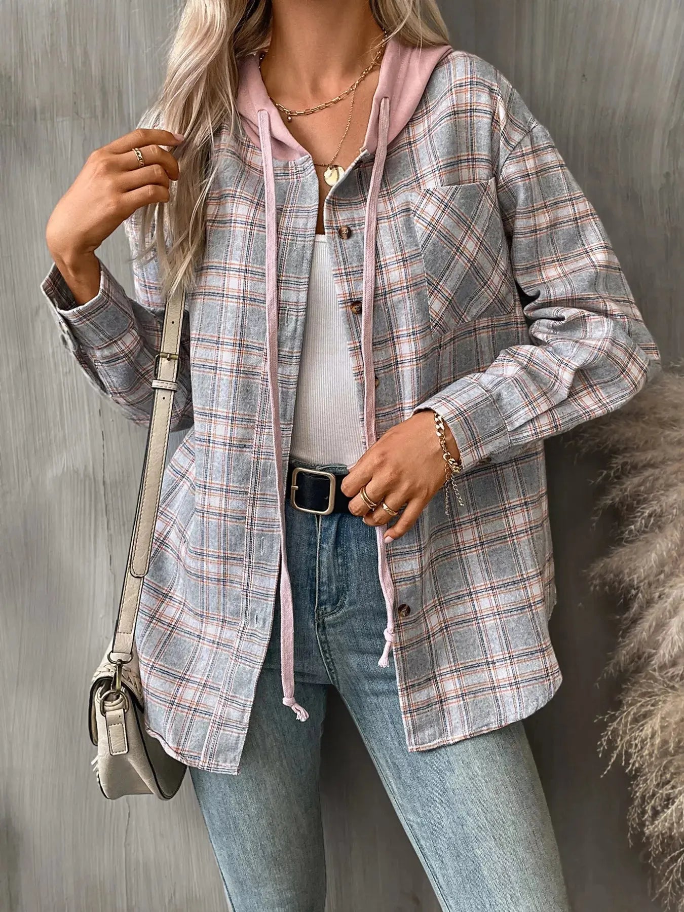 Plaid Button-Up Oversized Hooded Shirt with Chest Pocket