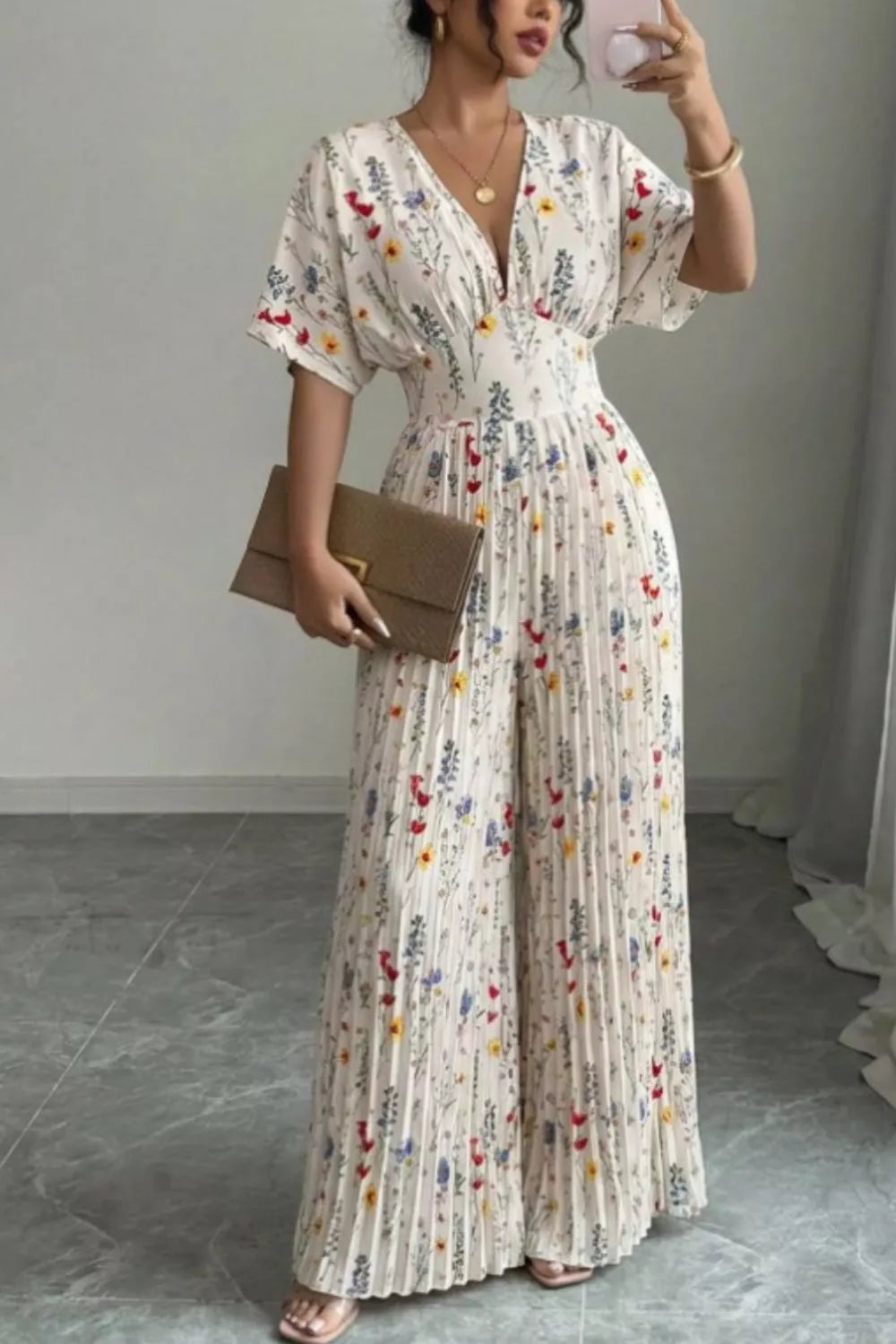 Floral Print Pleated Wide Leg Jumpsuit