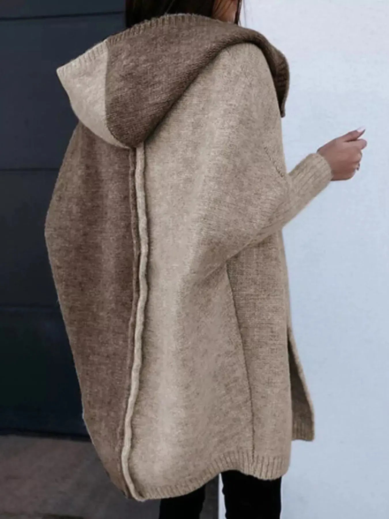 Two-Tone Hooded Open Front Knit Cardigan