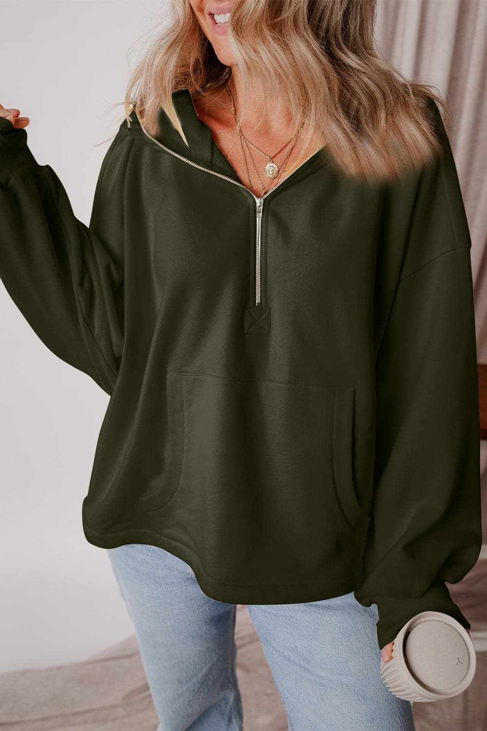 Jackets Trendsi Casual half zip hoodie with pockets
