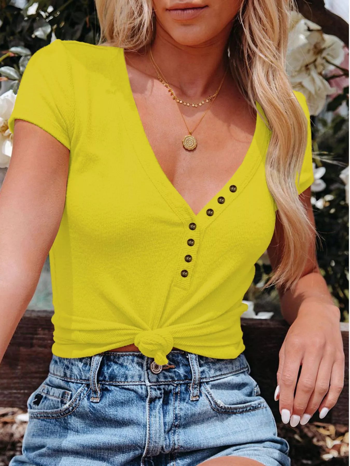 Full Size Casual Button Detail Womens V Neck T Shirt