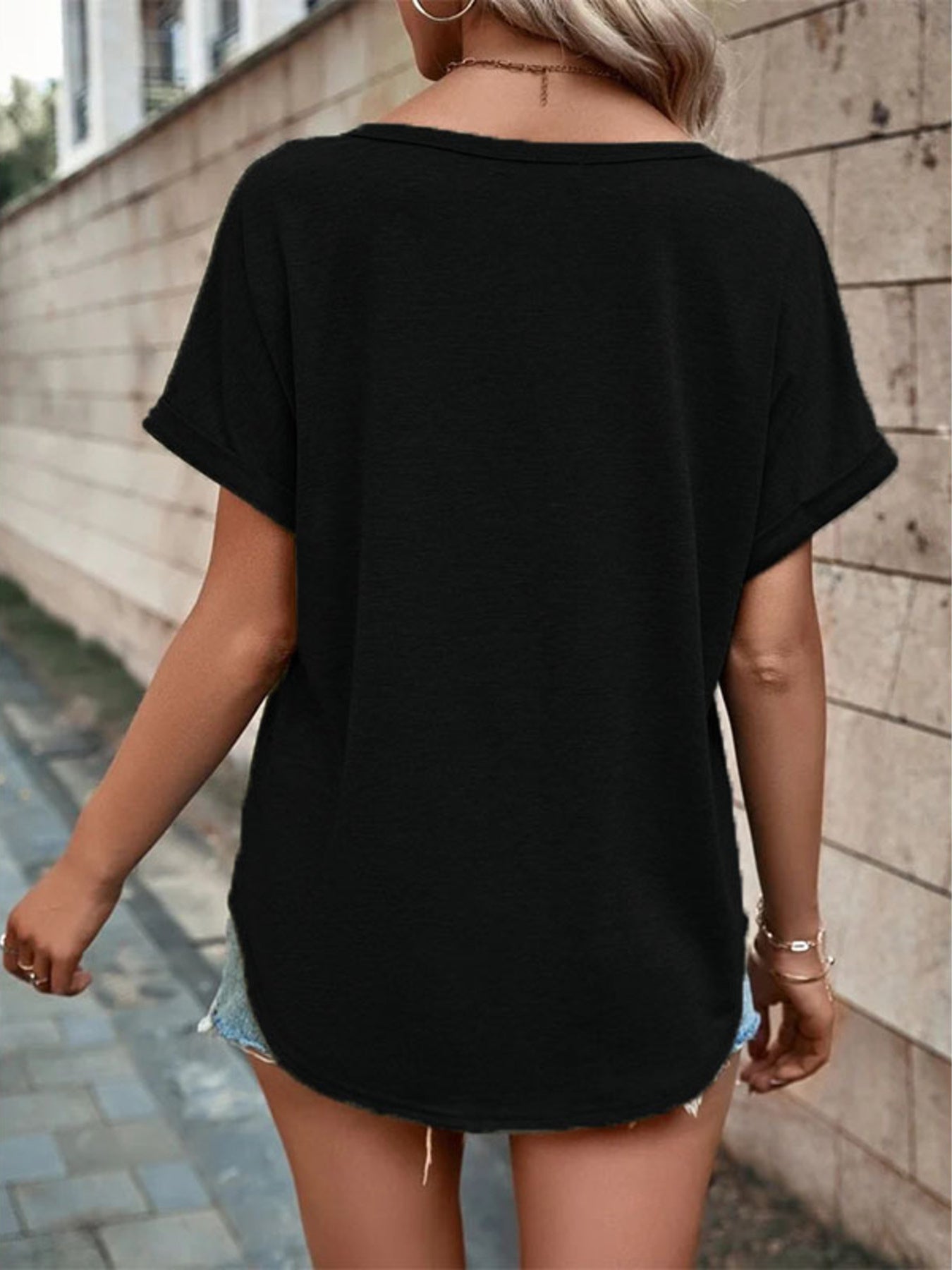 Full Size Decor Button Short Sleeve T Shirt