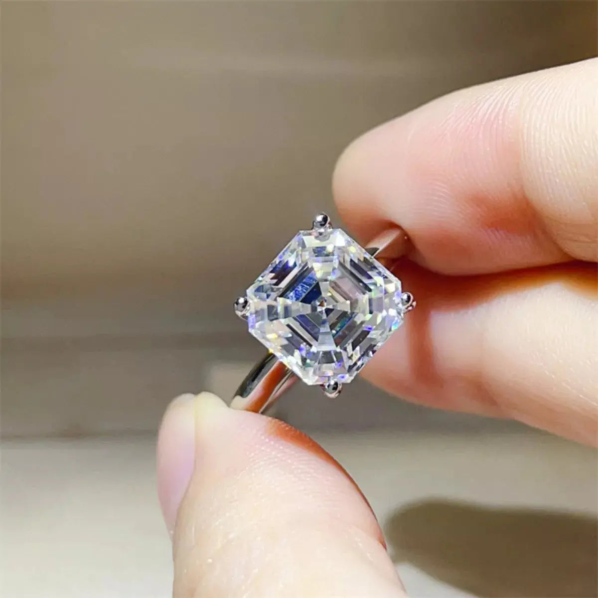 925 Sterling Silver Asscher Cut 5 Carat Moissanite Ring