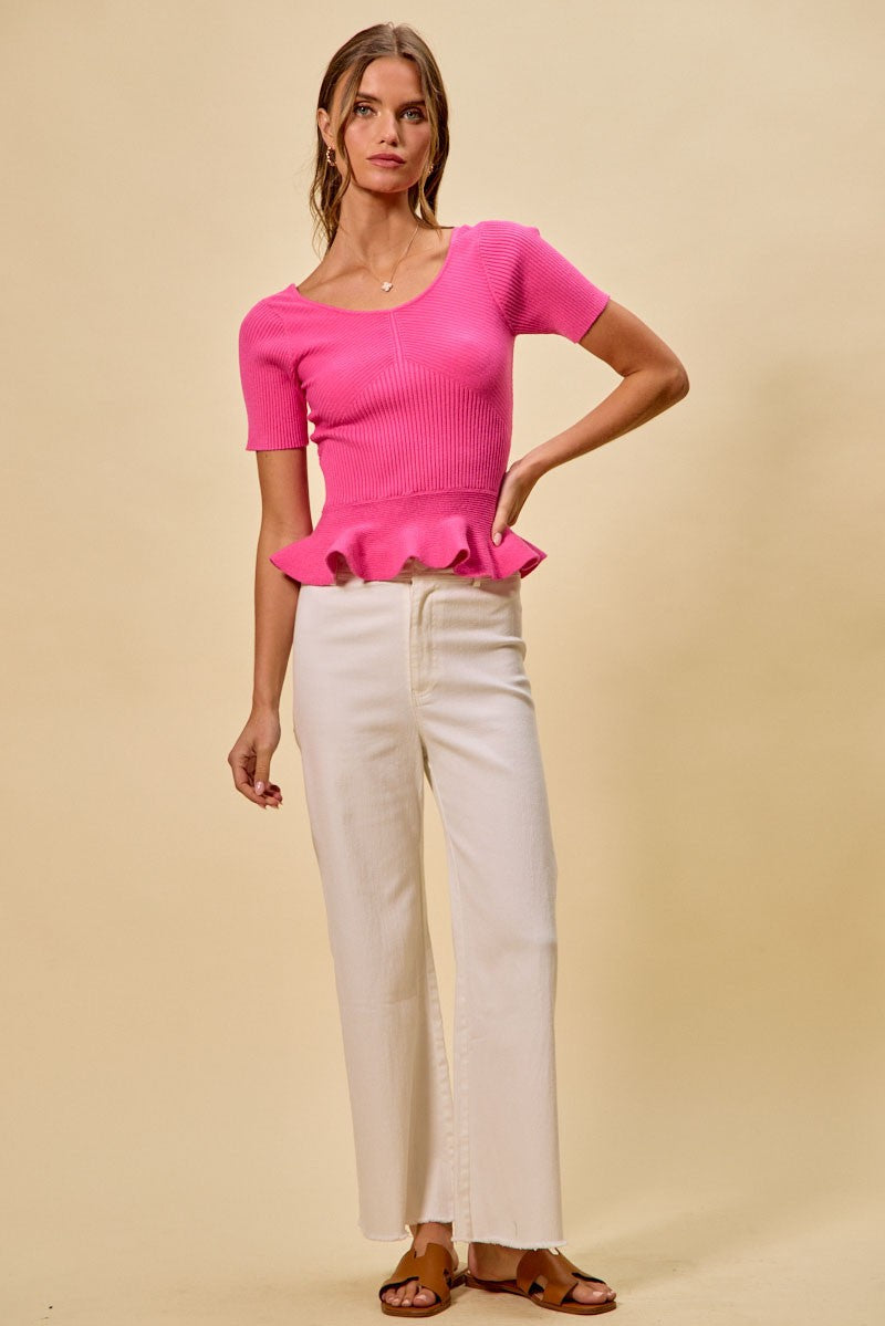 Hot Pink Ribbed Knit Short Sleeves Peplum Sweater Top