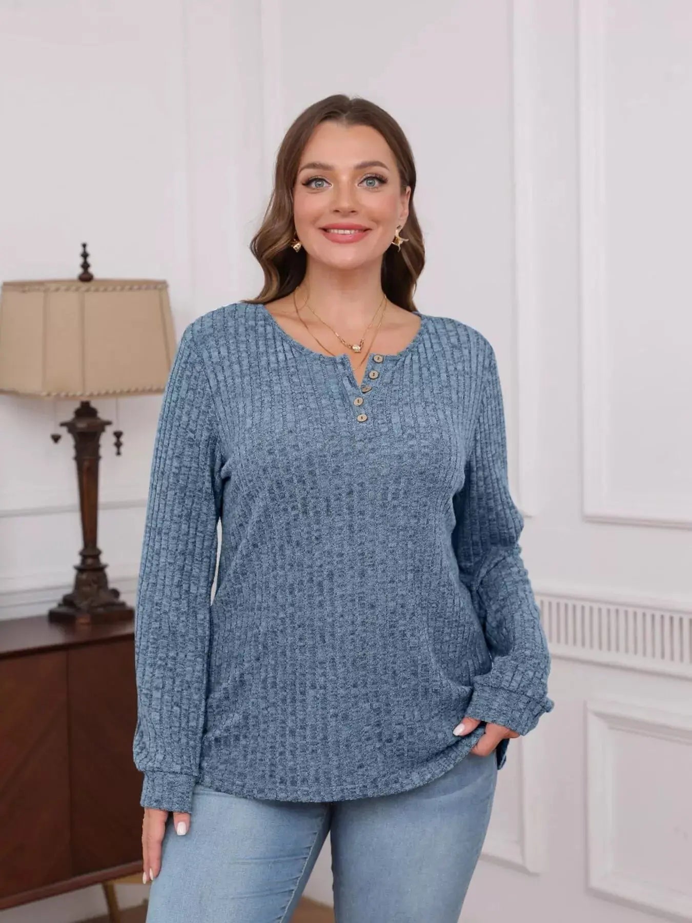 Ribbed Knit Button Front Long Sleeve T Shirt