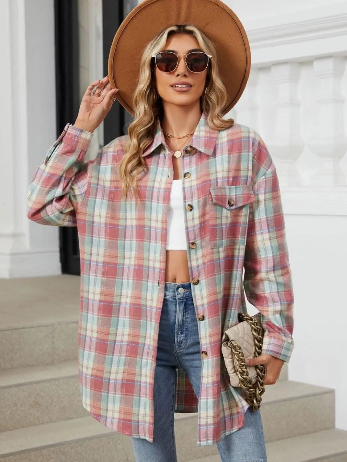 Trendsi Plaid Collared Shirt Long Sleeve — Casual Dusty Pink