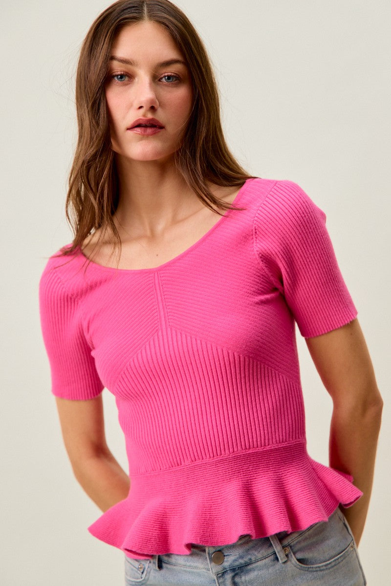 Hot Pink Ribbed Knit Short Sleeves Peplum Sweater Top