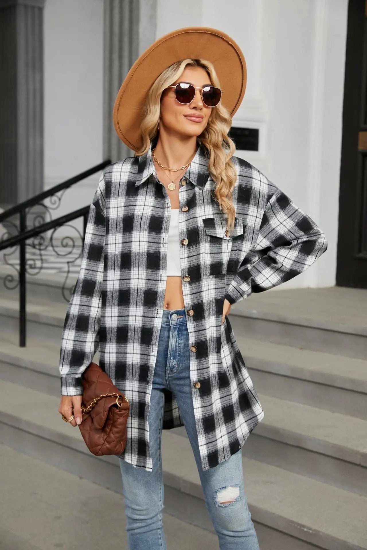 Trendsi Plaid Collared Shirt Long Sleeve — Casual Dusty Pink