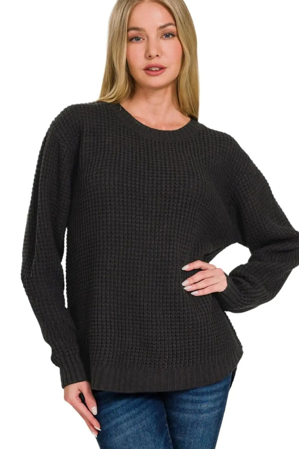 Trendsi Waffle Knit High Low Sweater | Black