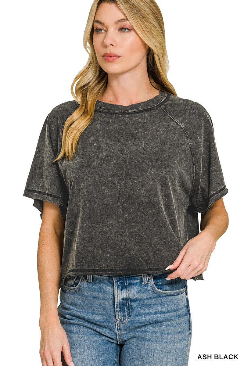 Zenana Acid Washed Crop Round Neck Shirt