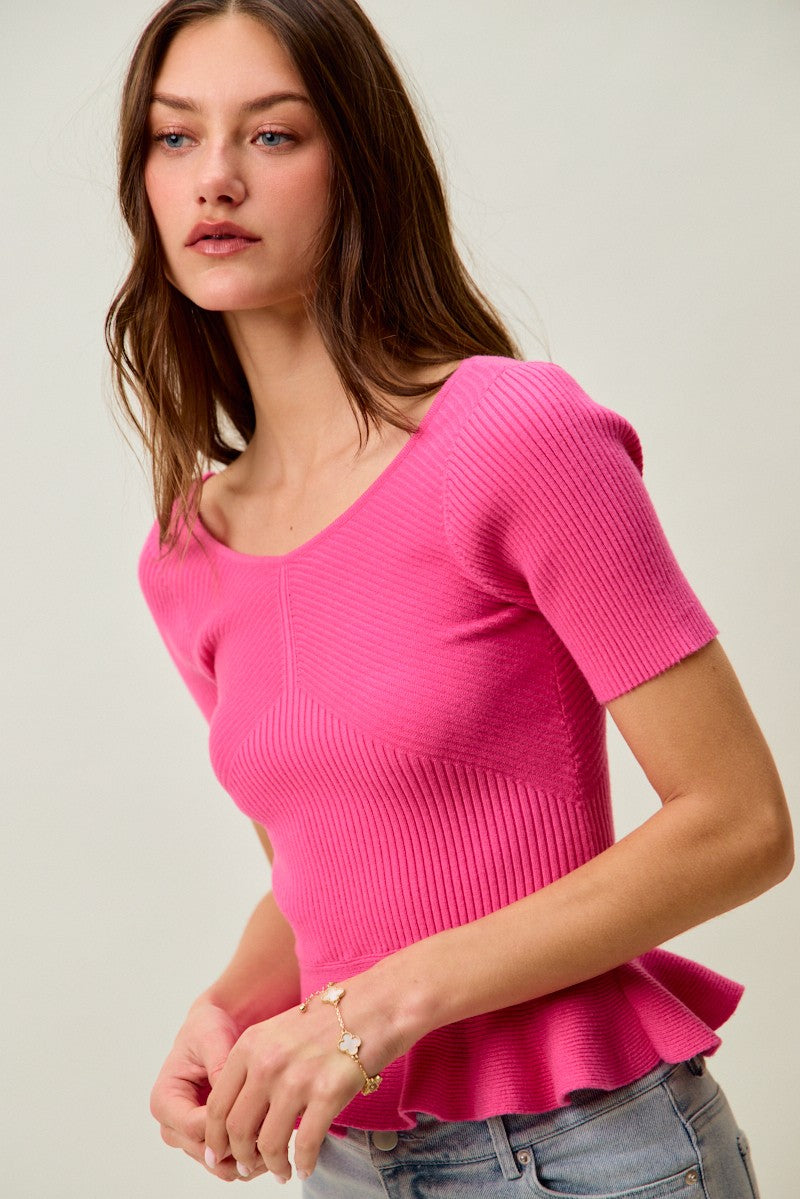 Hot Pink Ribbed Knit Short Sleeves Peplum Sweater Top